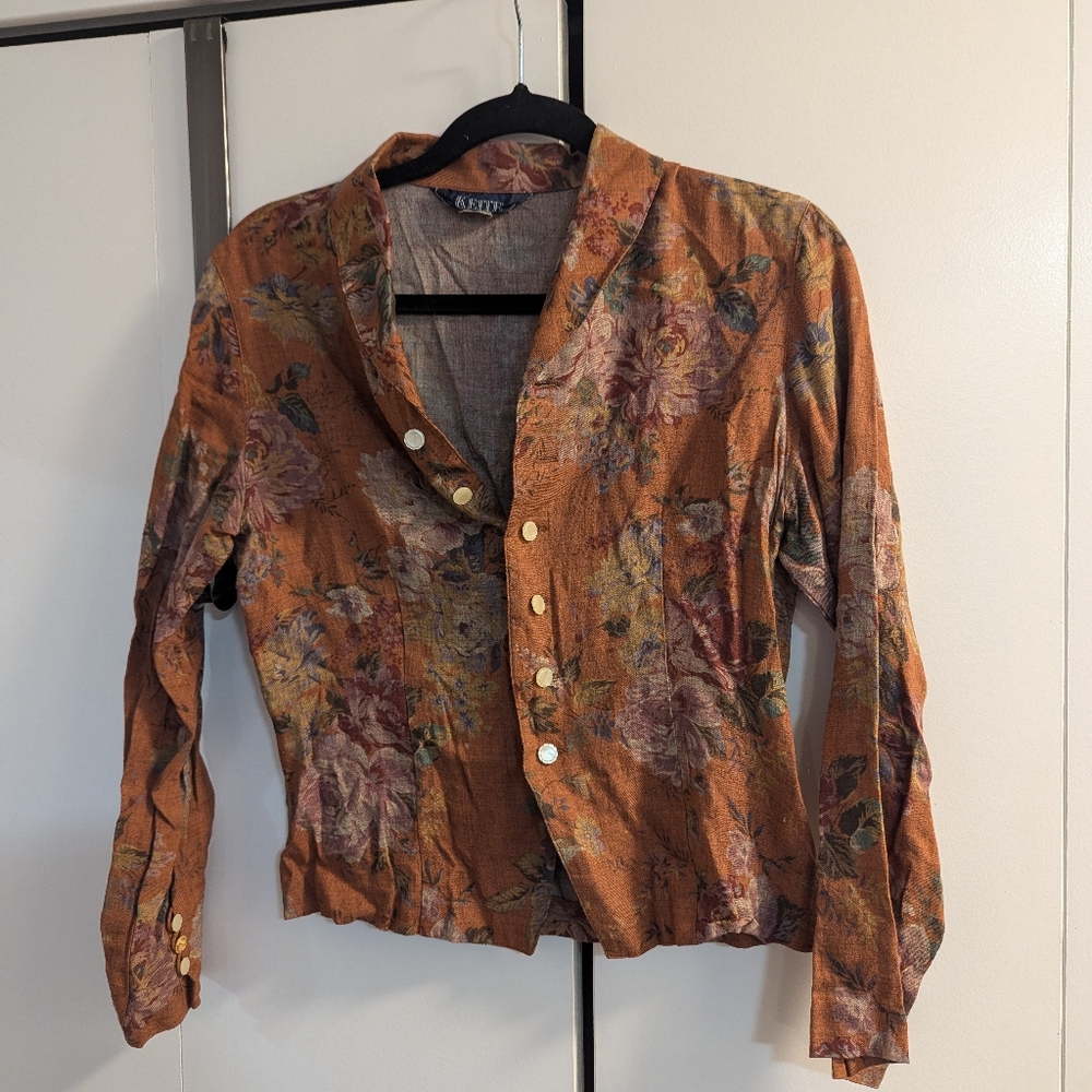 Vintage Burnt Orange Floral Print Blazer, X-Small